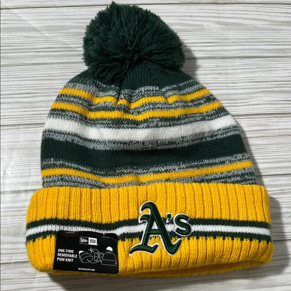 New‎ Era A’s MLB Striped Green Yellow knit Beanie removable Pom Pom baseball OS